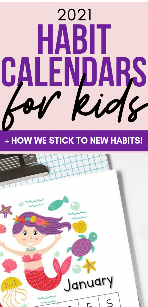 habit calendar pinterest image with title and a kids calendar flat lay